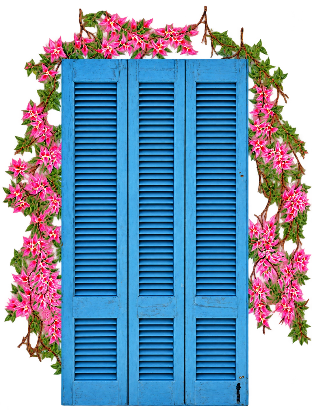 Blue Anavalos shutters surrounded by pink flowers